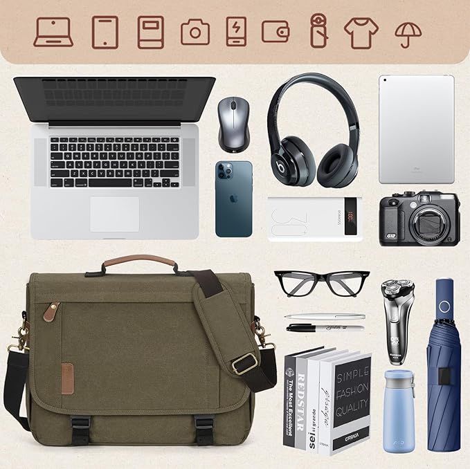 RAINSMORE Messenger Bag for Men 17-17.3 Inch Laptop Bag Water-resistant Canvas Computer Shoulder Bag Office Work Briefcase Large Casual Satchel Bags for Men Bookbag for College, OliveDrab