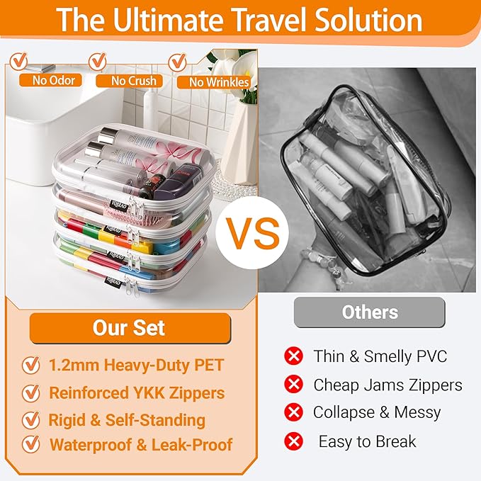 YQBRAO 2-Pack Medium Clear Hard Shell Zipper Case White, 1.2mm Heavy-Duty Crush-Proof Makeup Bag, Versatile Diaper Bag Organizer Pouches, Rigid Clear Zipper Pouches for Toiletries, Tech & Daily Carry