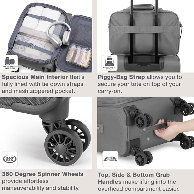 U.S. Traveler Rio Lightweight Softside Rolling Carry-on Suitcase, 4-Wheel Single, Light Gray