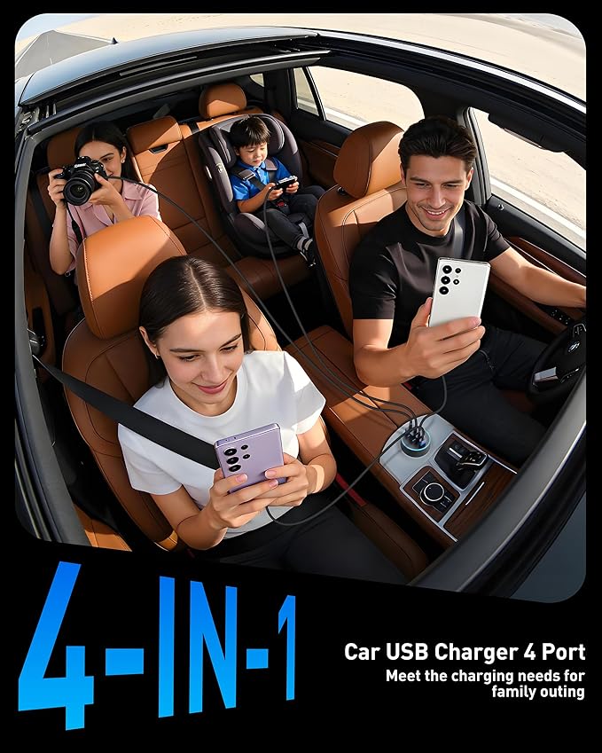 Car Charger USB C Fast Charge, 90W 4-Port Car Phone Charger Super Fast Charging Dual USB-C & USB-A Cigarette Lighter Adapter with 240W Type C Cable for Samsung Galaxy S26/S25/S24/ S23, Pixel, Android