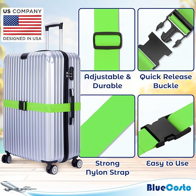 Luggage Straps for Suitcases - TSA Approved - Green, 4 PK - Premium Nylon Belts for Suitcase, Briefcase & Travel Bag - Adjustable Strap Length 46" - 78"