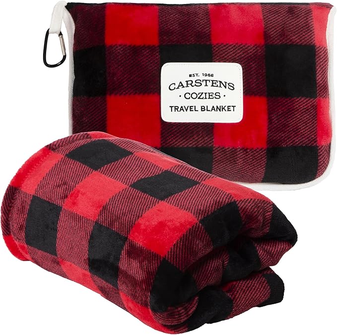 CARSTENS, INC. Travel Blanket, Premium Compact 2-in-1 Airplane Blanket/Pillow, Red Buffalo Plaid