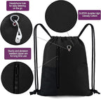 BeeGreen Black Drawstring Backpack Gym Bag For Men Women String Sports Backpack With Water Bottle Mesh Pockets And 2 Zippered Pocket Large Cinch Sackpack Workout Bag 16" x 20"