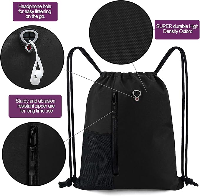 BeeGreen Black Drawstring Backpack Gym Bag For Men Women String Sports Backpack With Water Bottle Mesh Pockets And 2 Zippered Pocket Large Cinch Sackpack Workout Bag 16" x 20"