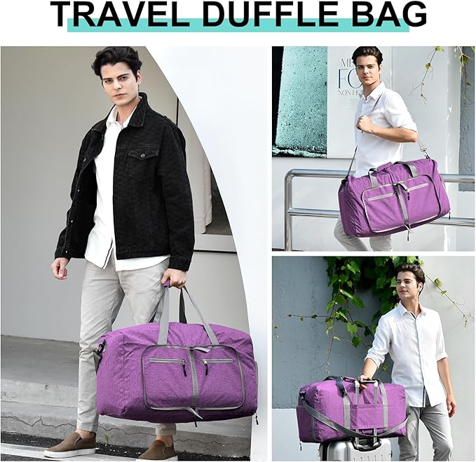 Dimayar 40L Travel Duffle Bag for Men Women - Foldable Duffel Bag with Shoes Compartment - Overnight Bags Waterproof & Tear Resistant(Purple)