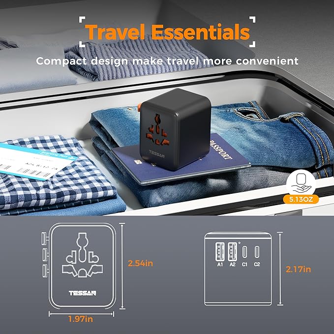 TESSAN Universal Travel Adapter, International Power Adapter with 4 USB Ports (2 USB C), Travel Plug Adaptor Worldwide for US to Europe UK France Germany Spain Ireland Australia Japan (Type C G A I)