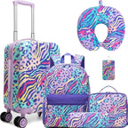 Kids Luggage with Spinner Wheels 5 Piece Carry on Suitcases for Girls Backpack with Lunch Box Pencil Case 16" Toddler Suitcase Set Airline Approved (Blue Purple Leopard)