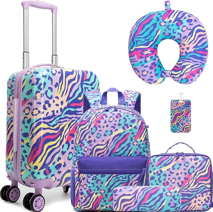 Kids Luggage with Spinner Wheels 5 Piece Carry on Suitcases for Girls Backpack with Lunch Box Pencil Case 16" Toddler Suitcase Set Airline Approved (Blue Purple Leopard)