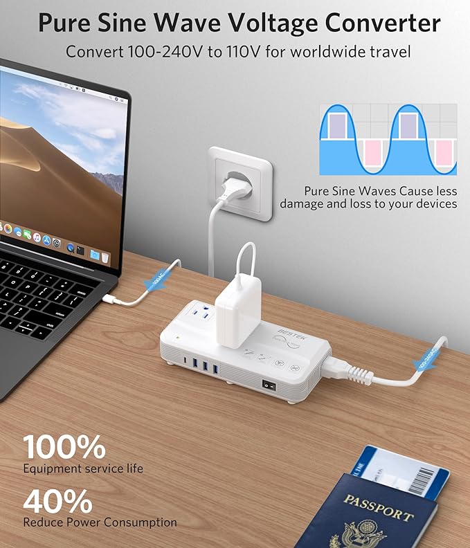 BESTEK Pure Sine Wave 220v to 110v Converter, US to European Travel Voltage Converter for Hair Straightener/Curling Iron, Step Down Transformer with 4 USB(1 PD35W) and UK/AU/US/EU Worldwide Adapter
