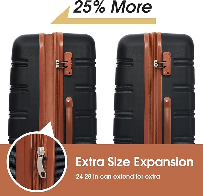 Black Brown Luggage Sets, 2 Piece Carry on Luggage Set with Travel Bag, 2 Piece Expandable Spinner Hardshell Suitcase with TSA Lock, Back to School Suitcase, Women Men (20/24 Inch)