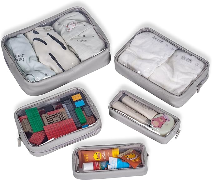 Remobia Hicol TSA Approved 5-Piece Diaper Bag Organizer Pouch Set Clear Waterproof TPU Kids Toiletry Storage Set Travel Packing Clutch Cube Bags for Baby Nursing (Light Gray)
