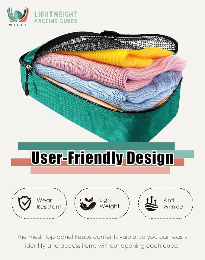 WTREE 4-Piece Packing Cubes Travel Accessories Set for Suitcases - Luggage Organizer Bags with Double Zipper - Mesh Top - Small - Green