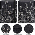 WALNEW Passport Holder for Travel, RFID Passport Cover Wallet for Women Men, PU Leather Passport Book Card Holder Case with Pen (Elastic Band Closure, D-Black Flowers)
