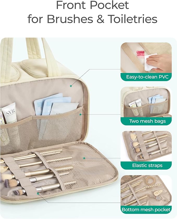 BAGSMART Travel Toiletry Bag, Puffy Large Toiletry Bag for Women, Lightweight Cosmetic Makeup Bag Organizer with Handle for Traveling, Accessories, Essentials, Toiletries （Beige