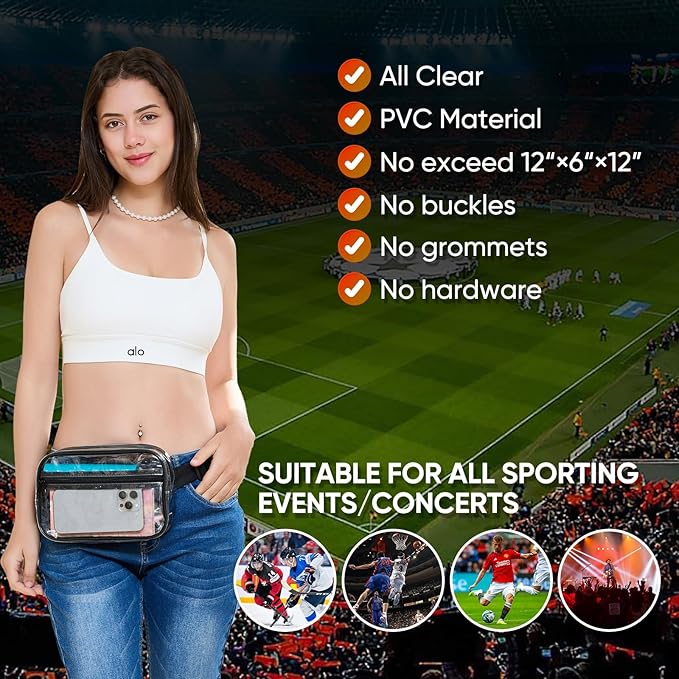 Clear Fanny Pack for Stadium Events - Clear Bag for Women Men | Lightweight Waist Pack for Concerts, Sports Games Day & Travel Stadium Approved Transparent Bag (Black)