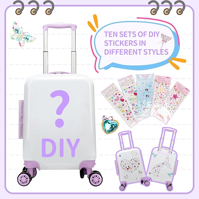Kids Luggage Sets Suitcase Set with Travel Pillow for Girls 10 Sheets Gem Stickers Small Suitcase with Wheels Hardshell Carry on Luggage for Airplane Travel Essential DIY Styles Purple