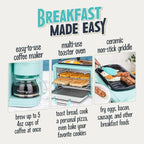 Nostalgia 3-in-1 Retro Breakfast Station - Includes 5 Cup Coffee Maker, Non-Stick Ceramic Griddle, and 4-Slice Toaster Oven - Built-In Timer, Reusable Coffee Filter, Space-Saving Design - Aqua