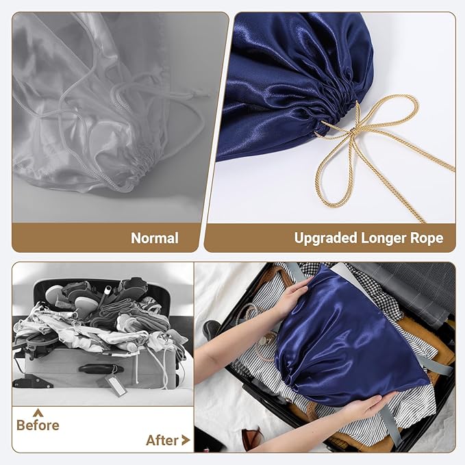 Ewen 12 Pack Dustbags with Drawstring in Small Medium Large, Dustproof Satin Storage Pouch with Blank Tags for Travel Essentials Packing, Dark Blue Silk Bag for Closet Storage Shoes Purse Organization