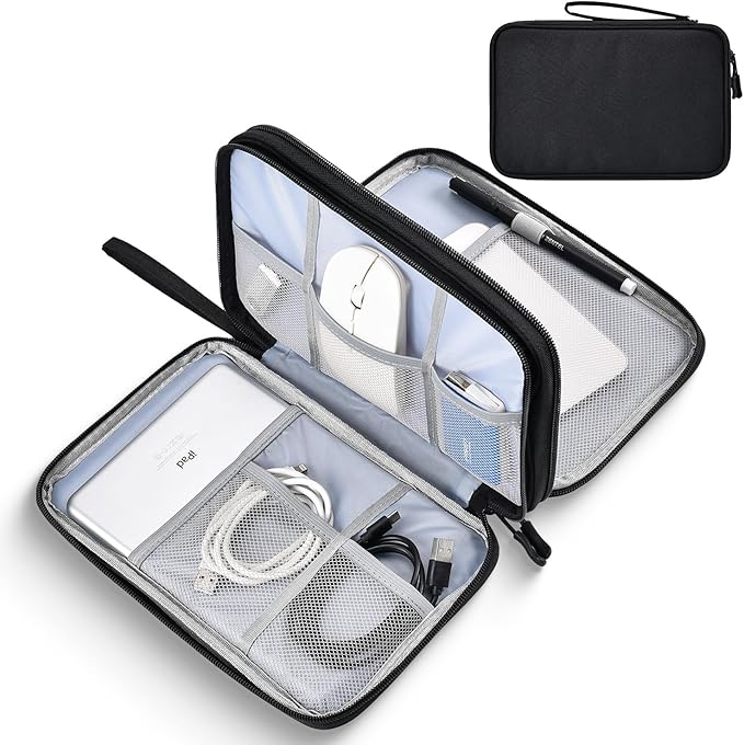 CAAORDKSO Electronics Travel Organizer, Electronic Accessories Carry Case Waterproof Double Layers Storage Bag Travel Essentials for Cord, Cable, Charger, USB, Power Bank, Earphone (Black, X-Large)