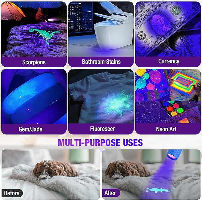 EverBrite UV Blacklight Flashlights 3-Pack Set, 9 LEDs 395nm Mini Black Light for Neon Glow Art, Class Teaching, Scorpions, Pets Stains Urine, 9 AAA Batteries Included