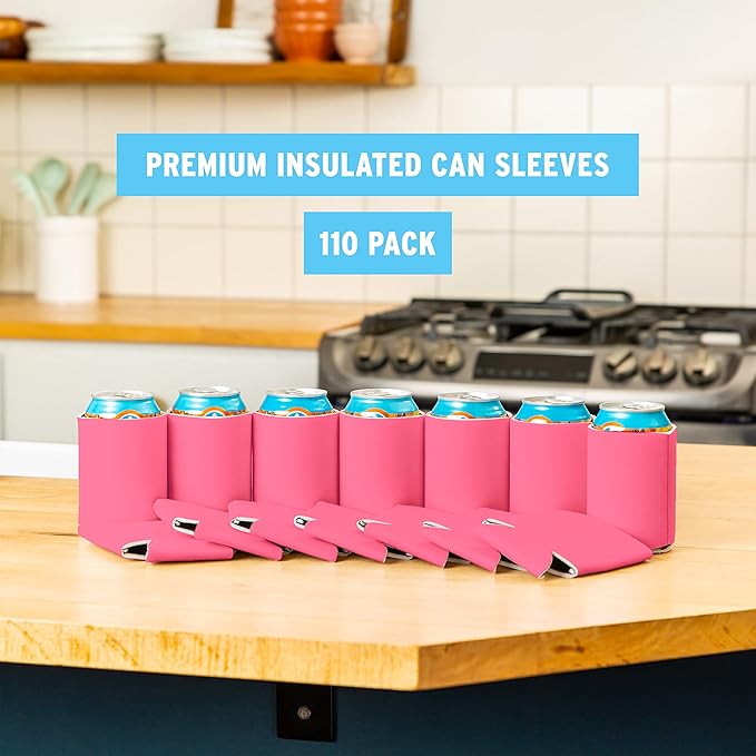 Blank Beer Can Cooler Sleeves (110-Pack) Soft Insulated Beer Can Coolies - HTV Friendly Blank Koolies in Bulk for Beer Cans & Bottles - Coolie Blanks for Vinyl Projects & Wedding Favors (Pink)