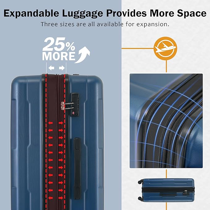 Luggage Sets, 2 Piece Carry on Luggage Set with Travel Bag, 2 Piece Expandable Spinner Hardshell Suitcase with TSA Lock, Back to School Suitcase, Women Men (Blue, (20/24) inch+2 bags)