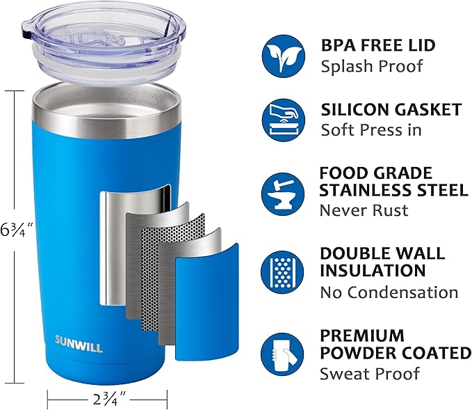 SUNWILL Travel Coffee Tumbler 20 oz, Insulated Mug with Lid, Stainless Steel Cup for Outdoor, Powder Coated Royal Blue