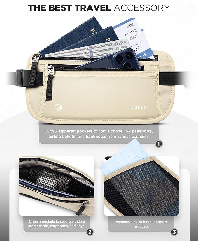 VULKIT Money Belt for Travel, Hidden Passport Holder, Anti-Theft Travel Wallet Under Clothes, RFID Blocking Waist Pouch, Undercover Fanny Pack, Cream White
