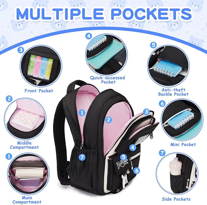 PIG PIG GIRL Kids Backpack for Girls - School Bags for Middle School Students - Book Bag for Elementary Primary - Kawaii Ita Backpack - Black and Beige