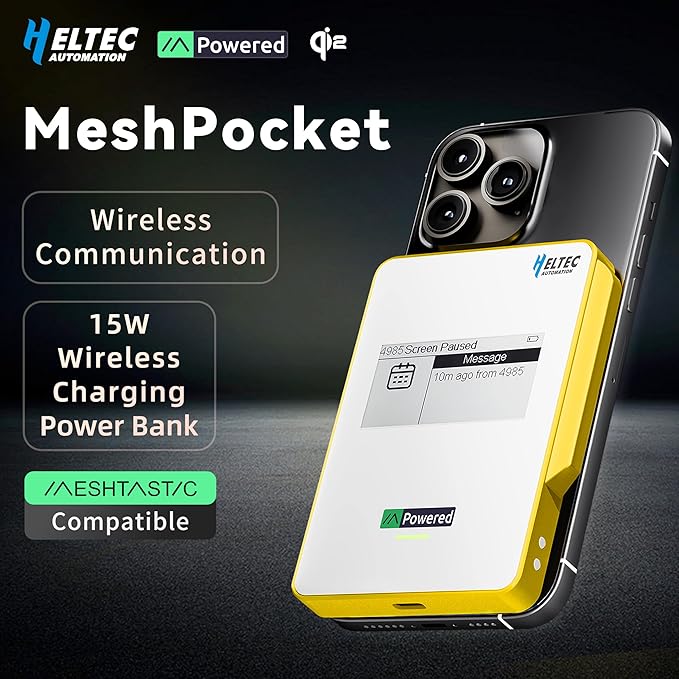 Heltec Meshtastic & LoRa Compatible Magnetic Power Bank with nRF52840 and SX1262 Chips E-Ink Display, Wireless Charging 5000mAh for Outdoor Emergency - MeshPocket Qi2 (Yellow)