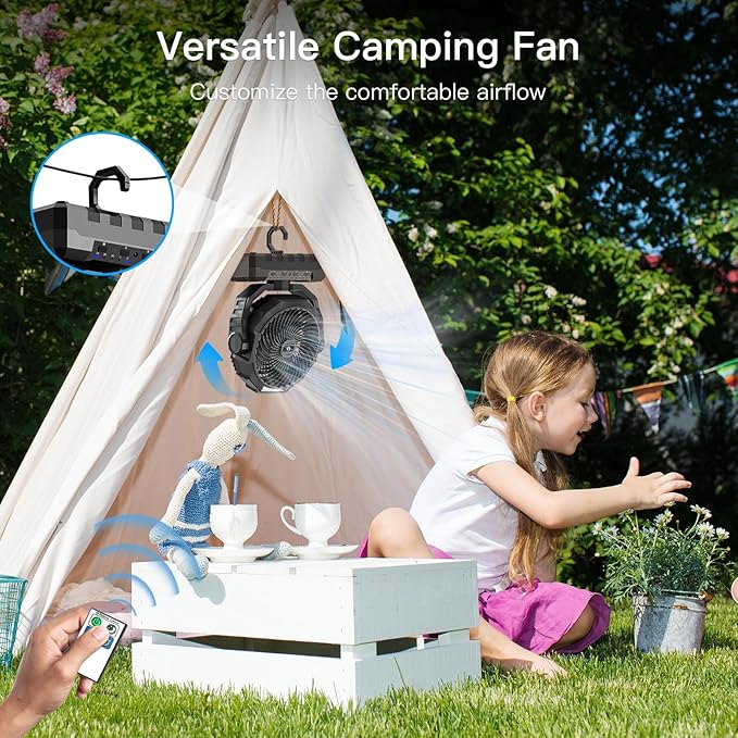 FRIZCOL 3-in-1 Camping Fan - Portable Fans Rechargeable - 48000mAh Battery Powered Fan with Light & Remote for Indoor, Outdoor, Tent, Travel, Fishing, Jobsite, Gifts for Men Dad Him - Black