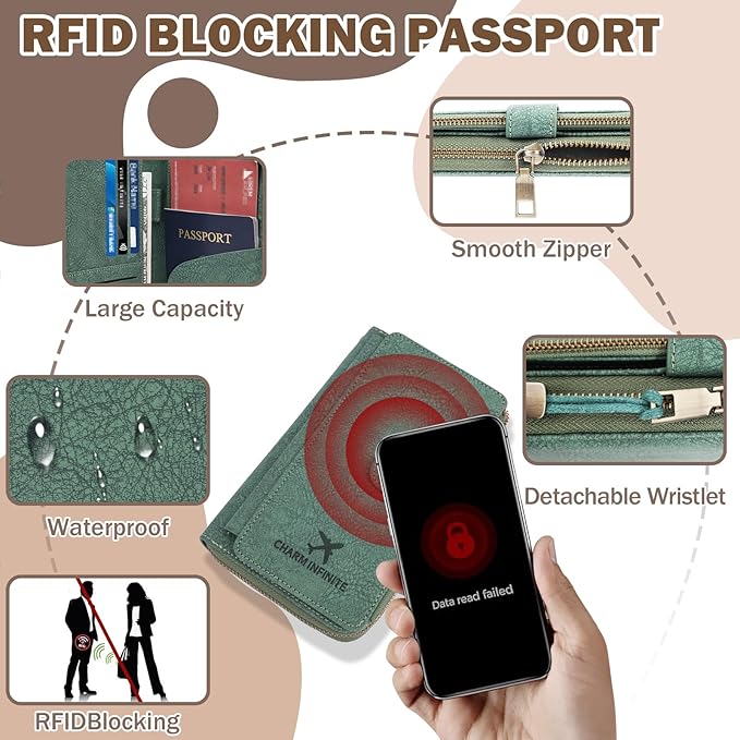 RFID Blocking Passport Wallet, Anti Theft PU Texture Passport Pouch with Tracker Case, Travel Document Organizer Zipper Wallet with Wrist Strap & Keychain, Gifts for Women and Men (Red)