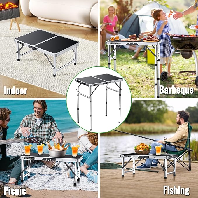 GARLLEN 2ft Folding Camping Table, Portable Folding Picnic Table with 3-Height Adjustable, Lightweight Aluminum Outdoor Tables for BBQ, Camping, Cooking, 22.8" L x 15.7" W, Silver