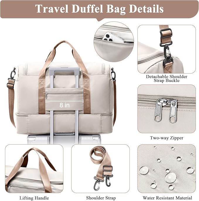 Extra Large Travel Duffle Bag,Carry on Overnight Bag with Shoes Compartment,Weekender Bags for Women for Travel Business Trips Sport Hospital,3 Pcs Set,Beige & Brown