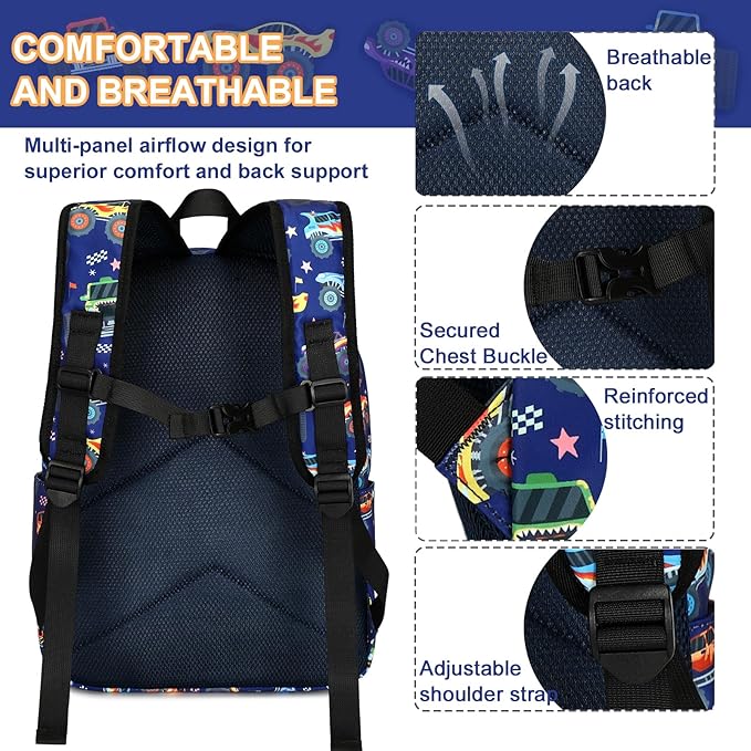 CAMTOP Preschool Backpack for Kids Boys Girls Toddler Backpack Kindergarten School Bookbags for Age 3-8 (Navy Big Wheels)