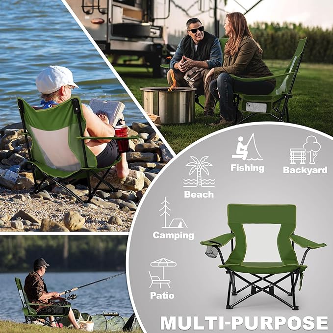 Joyfair Beach Camping Chair (2 Pack), Outdoor Folding Lawn Chair for Adults, Heavy Duty Portable Chair with Armrest for Outside Fishing, Sport, Patio, Cup Holder & Storage Pocket, Carry Bag (Green)