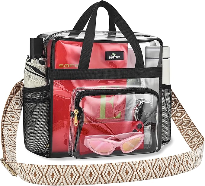 MAY TREE Clear Bag for Stadium Events, 12x6x17 Clear Tote Bag with Removable Strap, Transparent Bag for Concert Sports Gym, Beige Cube-Strap