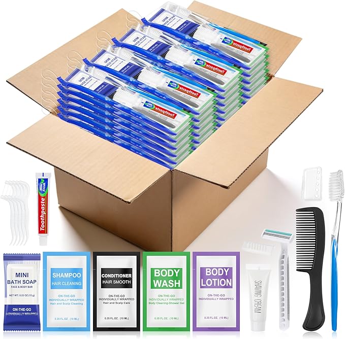 Personal Hygiene Kit Bulk Pack of 100,Individually Wrapped 13-IN-1 Blue Disposable Basic Travel Toiletry Set Homeless Care Package Supplies for Men,Women,Guests,Charity