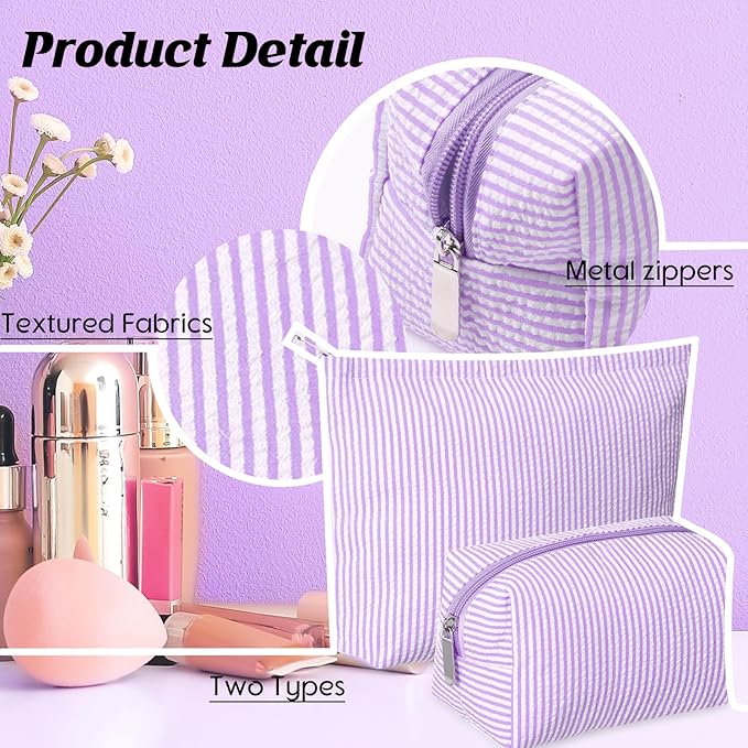 Huhumy 2 Pcs Makeup Bag Set Cute Cosmetic Pouch for Women Seersucker Travel Toiletry Bag Preppy Small Makeup Purse Pouch Aesthetic Skincare Brushes Storage Organizer for Valentine Women(Purple)