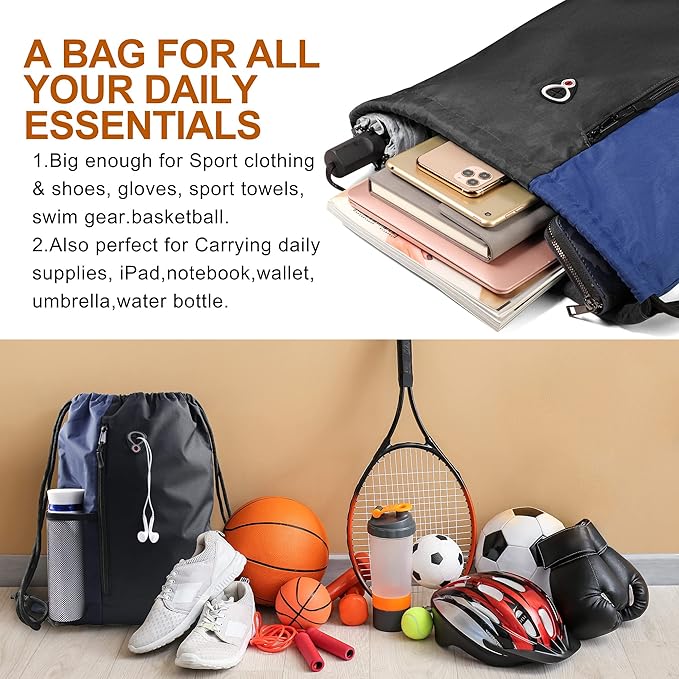 BeeGreen Drawstring Backpack Sports Gym Bag for Women Men Large Cinch Sackpack with 2 Zipper Pockets and Water Bottle Mesh Pockets Black Navy