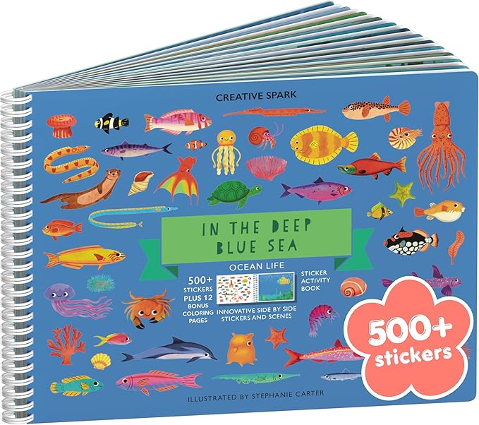 Ocean 500+ Kids Sticker Book by Cupkin Toddler Airplane Travel Activity Coloring and Sticker Book, Road Trip Essentials, 12 Coloring Pages 12 Scenes for Ages 2–8 Years