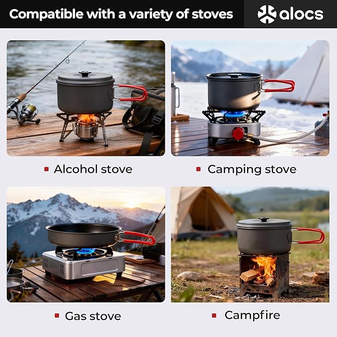 Alocs Camping Cookware Set Camping Gear, Compact Camping Pots and Pans Set, Durable Hard Alumina Camping Cooking Set for Outdoor Backpacking Camping Hiking Picnic, Included Mesh Carry Bag