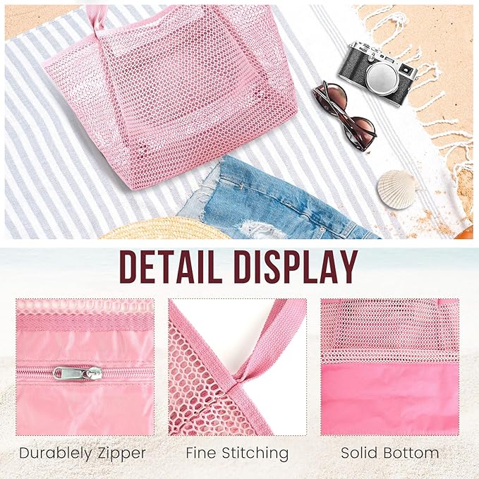 HOHOM Beach Bags for Women, Summer Travel Mesh Tote Bag with Large Inner Pocket, Sandproof Woven Shoulder Handbag