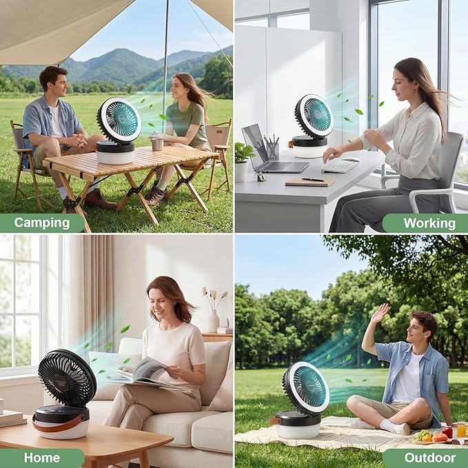 3-in-1 Camping Fan, Portable Solar Fan Rechargeable with LED Lantern, Battery Powered & Solar Camping Fan Light with Hanging Hook for Tent, 3 Speeds USB Fans for Camping Essentials, RV Travel, Outdoor