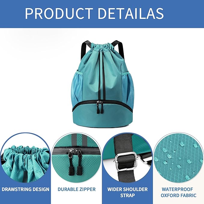 JELUTAR Drawstring Backpack Gym Bag with Shoes Compartment for Soccer, Basketball, Swim, Water-Resistant String Backpack Beach Cinch for Women Men, Teal