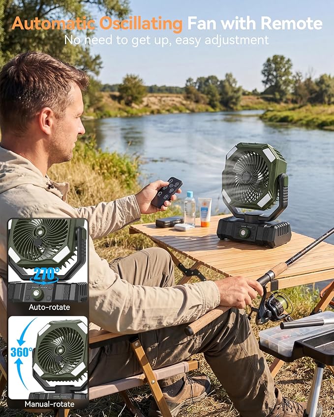 USONE Misting Fan, Portable Camping Fan Rechargeable, 20000mAh Battery Powered Fan for Camping with Light, Remote & Timer, Hanging Tent Fan with Hook for Outdoor fishing, Travel, Work,Olive Green