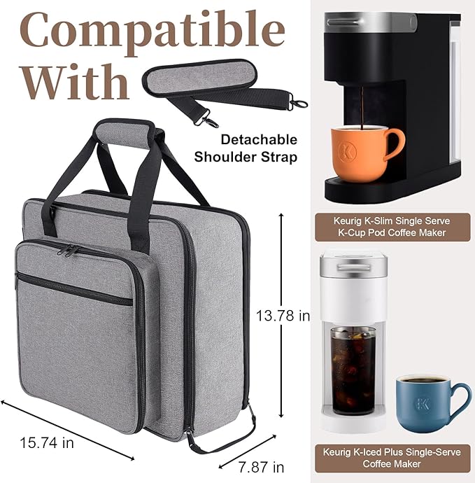 Anitor Portable Carrying Coffee Maker Travel Bag Match for Keurig K-Slim/K-Iced Plus, Single Serve Coffee Machine Travel Bag with Padded Shoulder Straps Includes Multiple Storage Bags, Grey