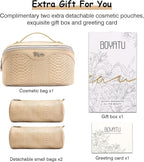 BOYATU Travel Makeup Bags for Women: 3 Pcs Set Wide Open Cosmetic Bag - Portable Make up Bags with Handle - Vegan Leather Toiletry Organizer Bag with Divider (G-04-Beige)
