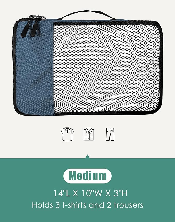 WTREE 4-Piece Packing Cubes Travel Accessories Set for Suitcases - Luggage Organizer Bags with Double Zipper - Mesh Top - Medium - Dark Blue