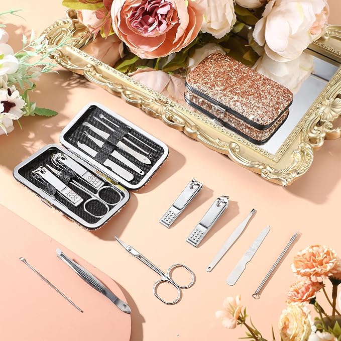 Geosar 50 Set 8 in 1 Travel Manicure Kit Bulk Professional Nail Clippers Pedicure Nail Care Tools Grooming Stainless Steel Set with Portable Travel Case, Gift for Valentine Men Women(Glitter Gold)